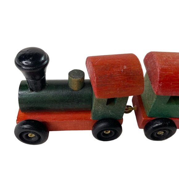 Vintage Mini Wood Train Handmade Painted Red Green Connect 3 Pieces u - Picture 3 of 7